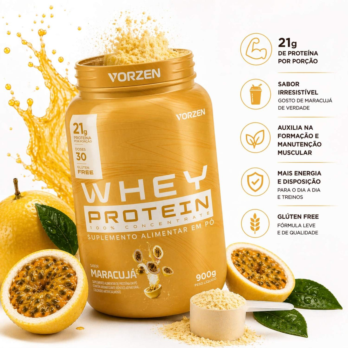 100% Whey Protein Concentrado Pote 900g Vorzen