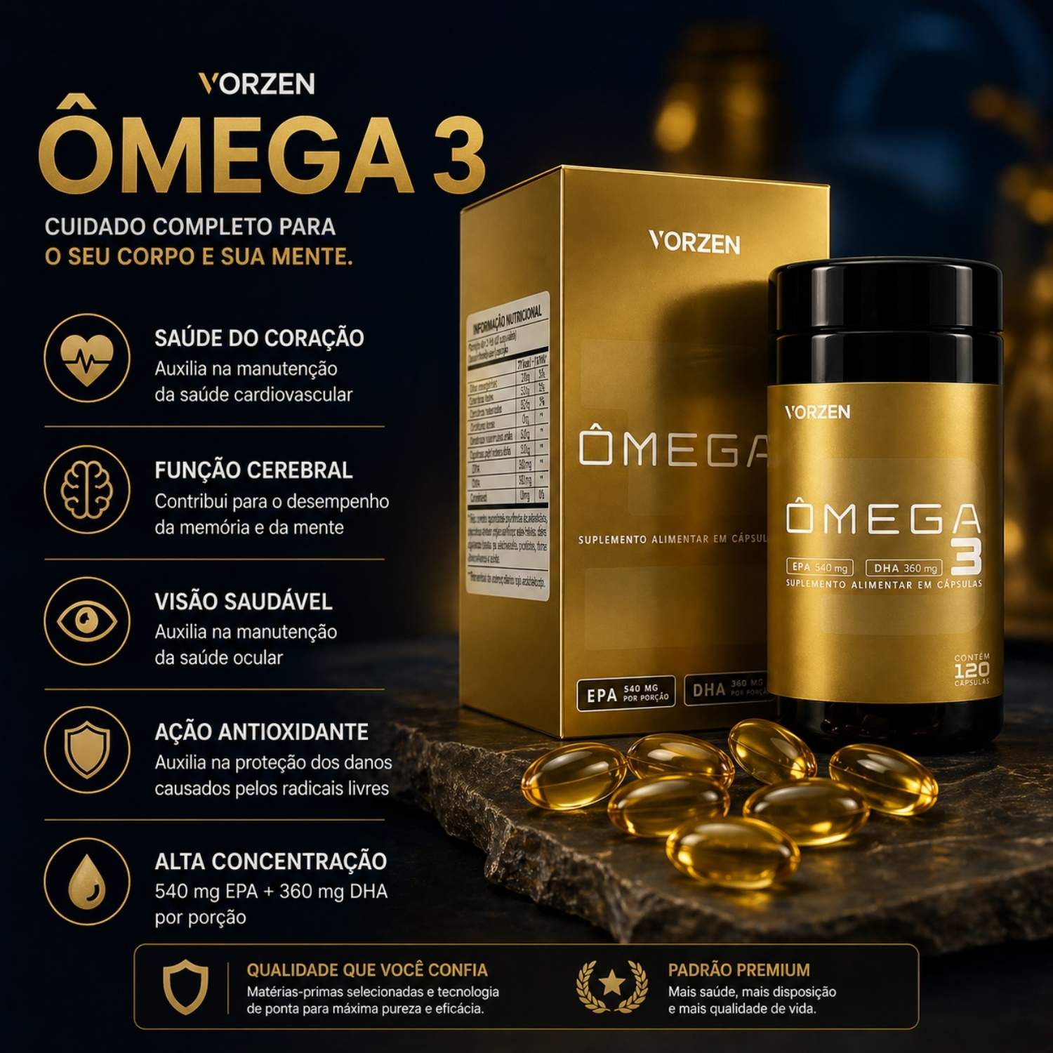 Ômega 3 540 EPA 360 DHA 120 Cápsulas Vorzen