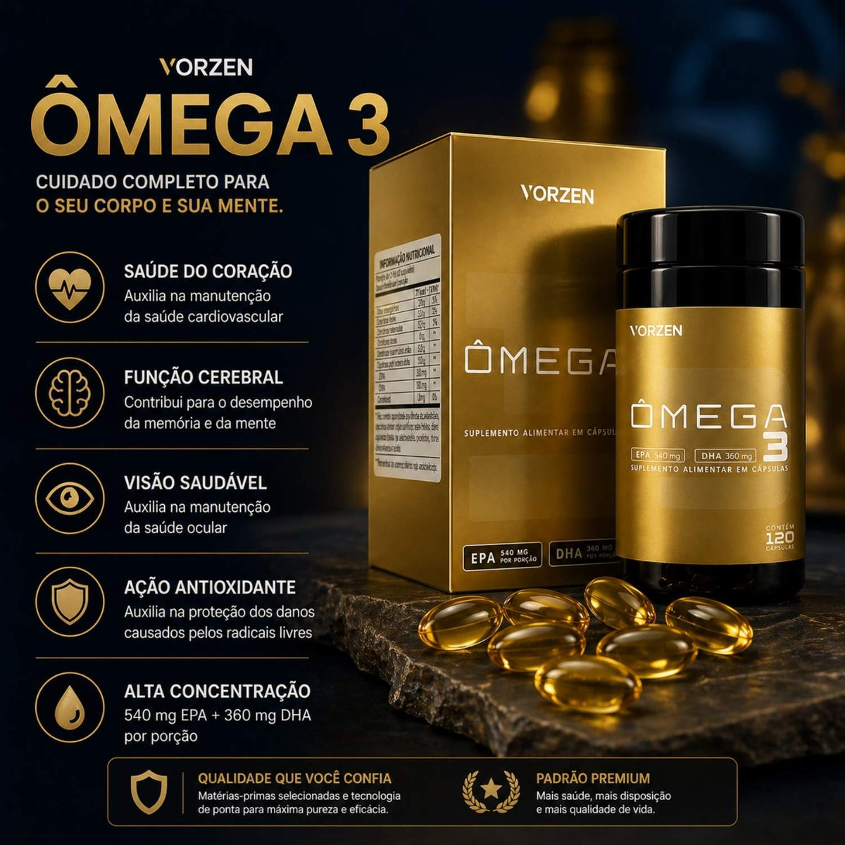 Ômega 3 540 EPA 360 DHA 120 Cápsulas Vorzen