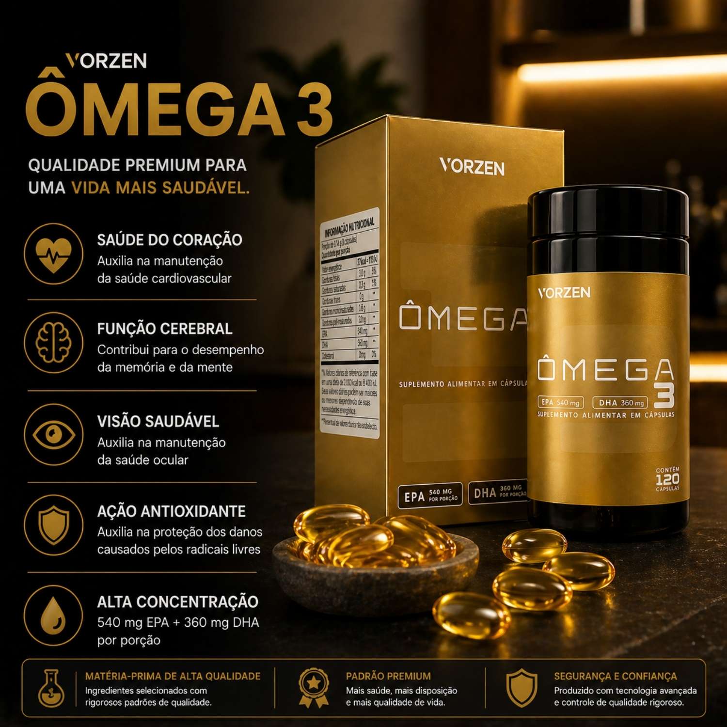 Ômega 3 540 EPA 360 DHA 120 Cápsulas Vorzen