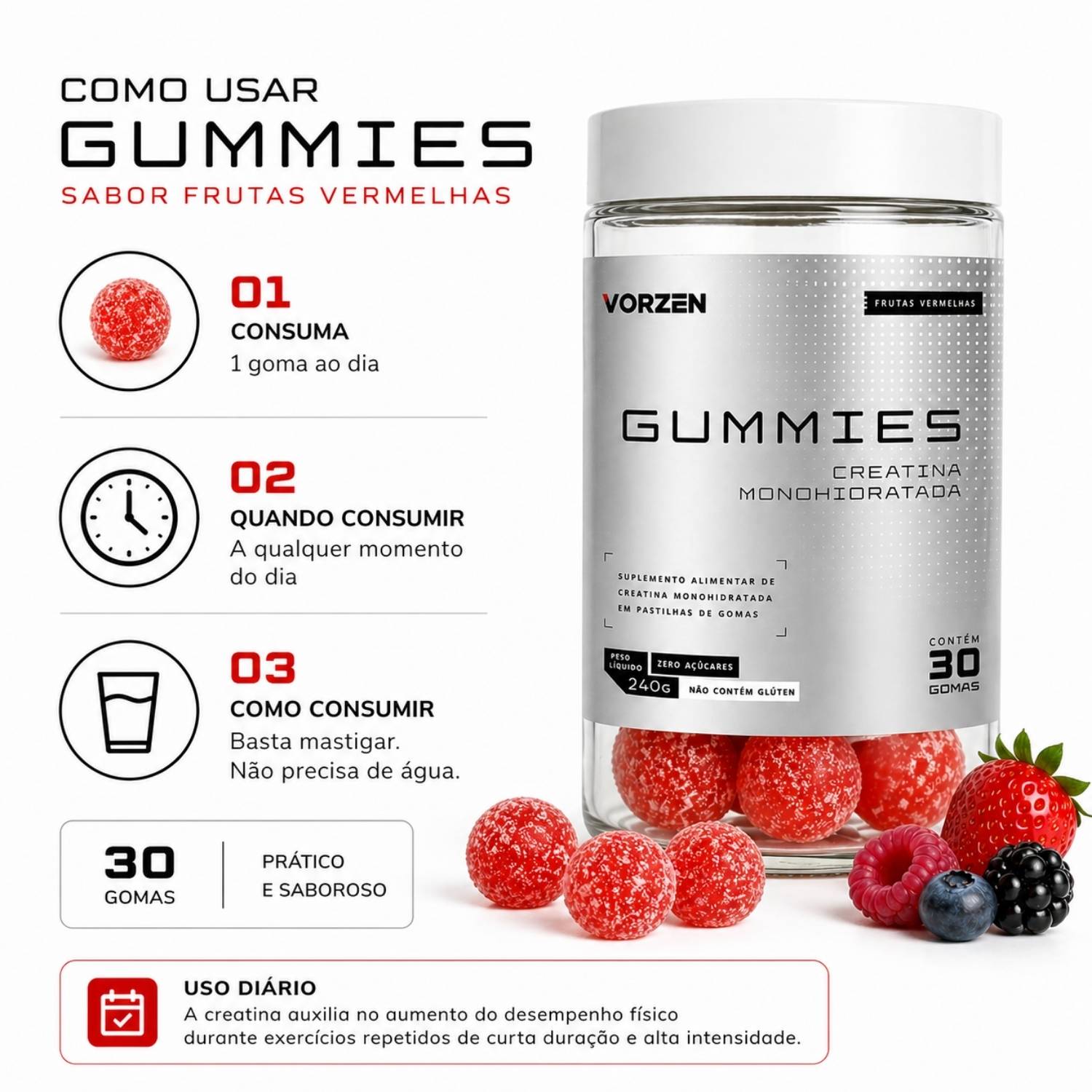 Creatina Gummies 30 Gomas Sabor Frutas Vermelhas Vorzen