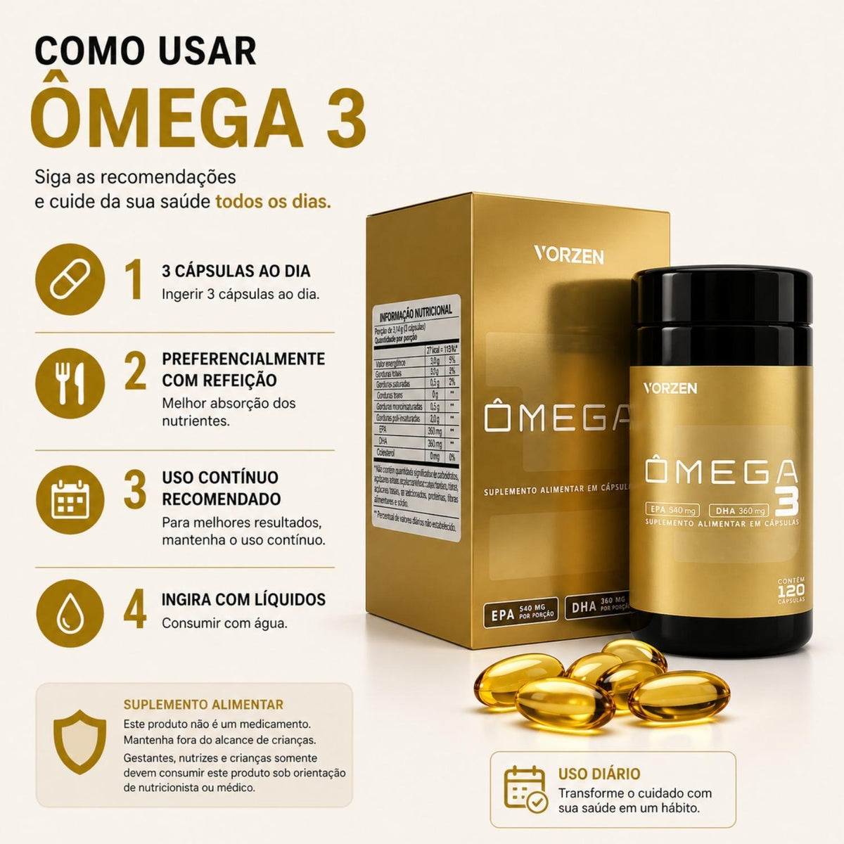 Ômega 3 540 EPA 360 DHA 120 Cápsulas Vorzen