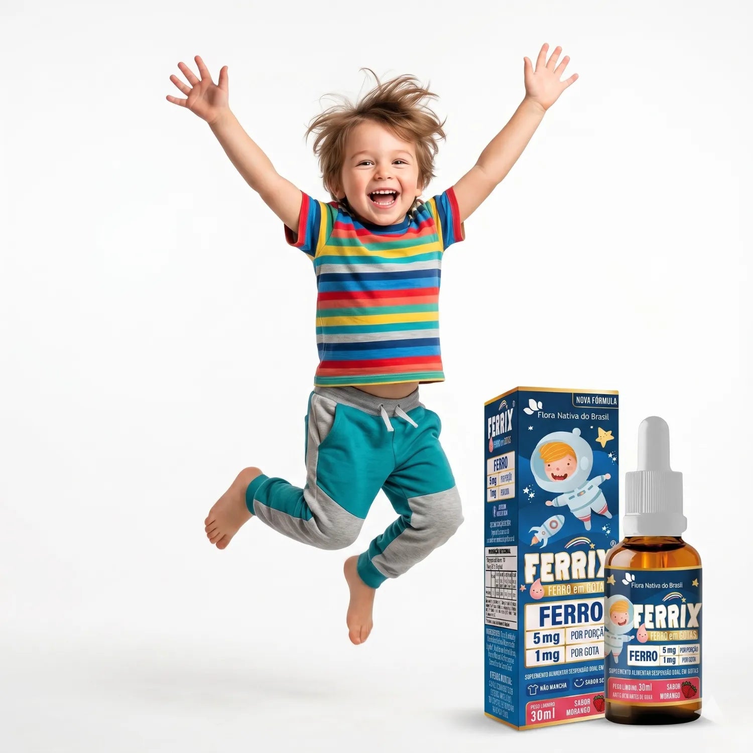 Ferrix Ferro Infantil – Criança brincando com o frasco ao lado