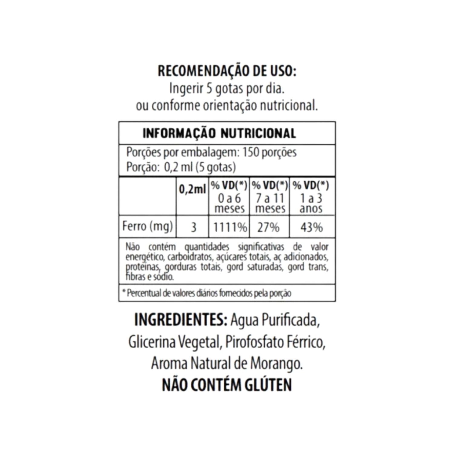 Tabela nutricional e ingredientes Ferrix Flora Nativa 3mg de ferro por dose
