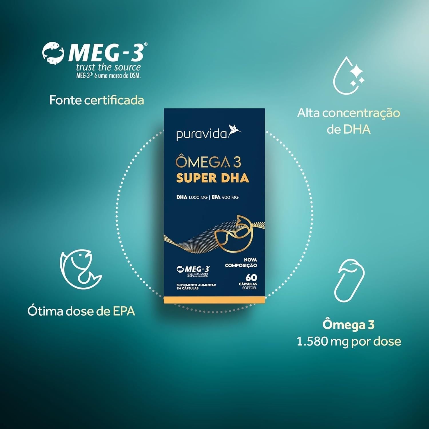 Ômega 3 Super DHA 60 Cápsulas Pura Vida
