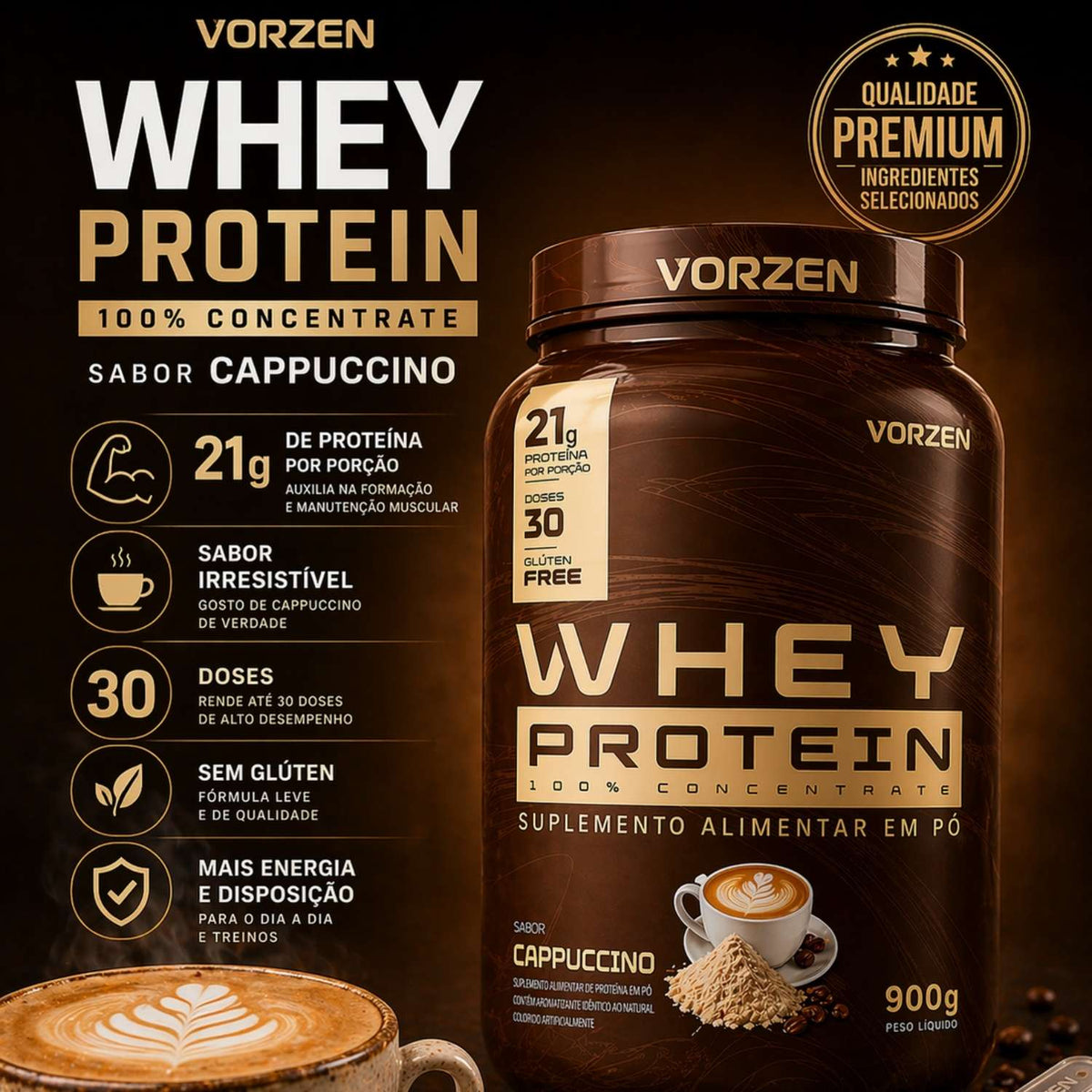 100% Whey Protein Concentrado Pote 900g Vorzen