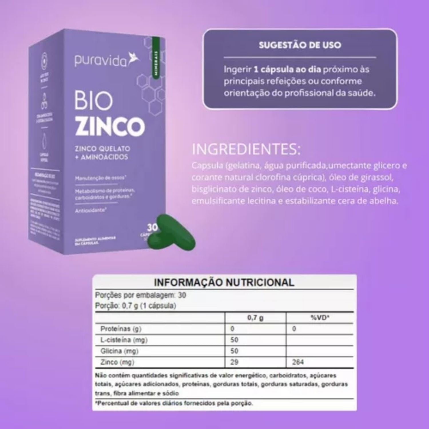 Bio Zinco Quelato + Aminoacidos 30 Cápsulas Pura Vida