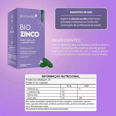 Bio Zinco Quelato + Aminoacidos 30 Cápsulas Pura Vida