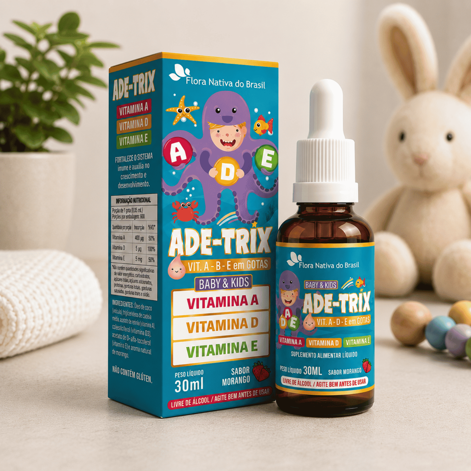 Ade Trix (Vitamina A, D, E) Sabor Morango 30ml  Flora Nativa