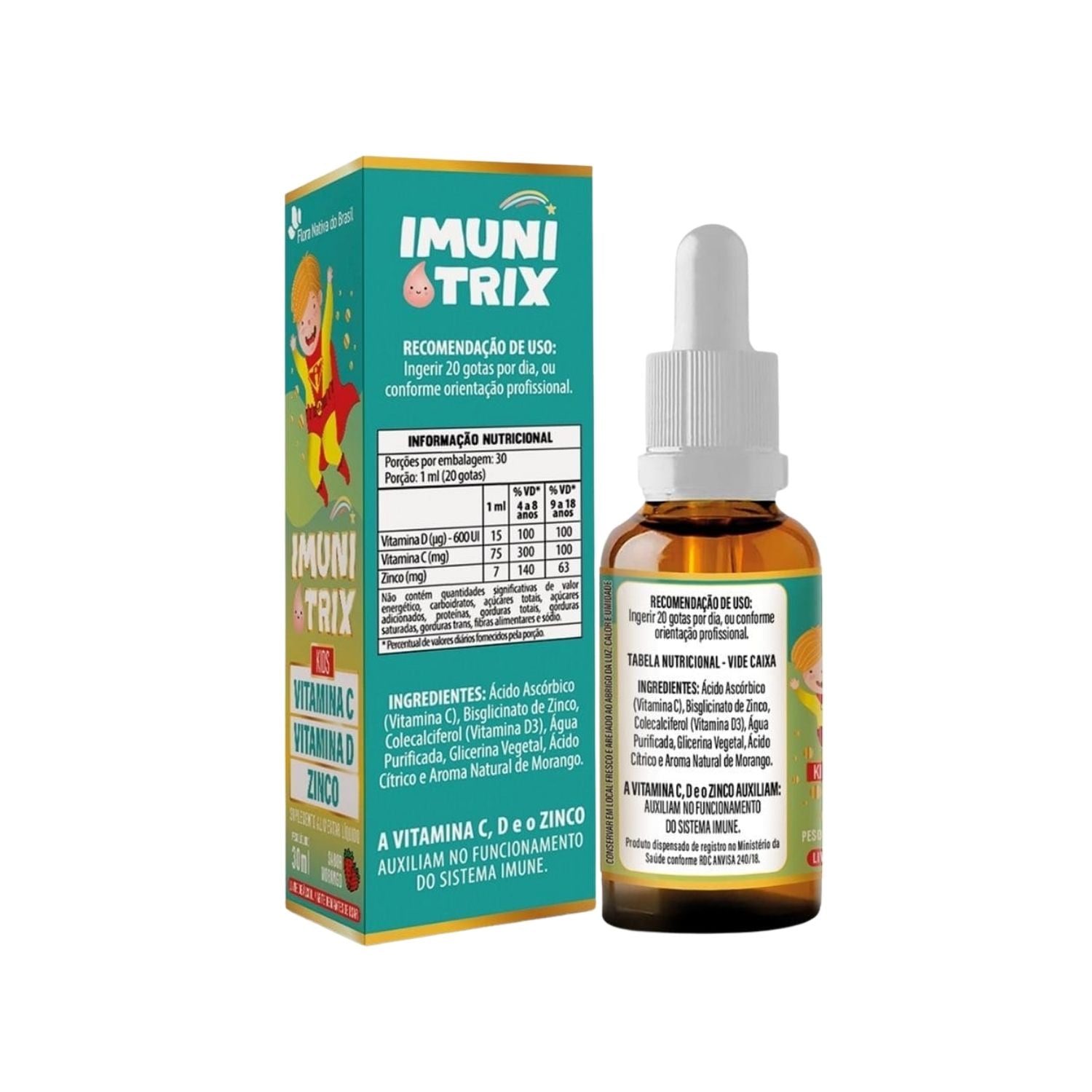 Imunitrix  (Vitamina C, D  e Zinco) Sabor Morango 30ml Flora Nativa do Brasil