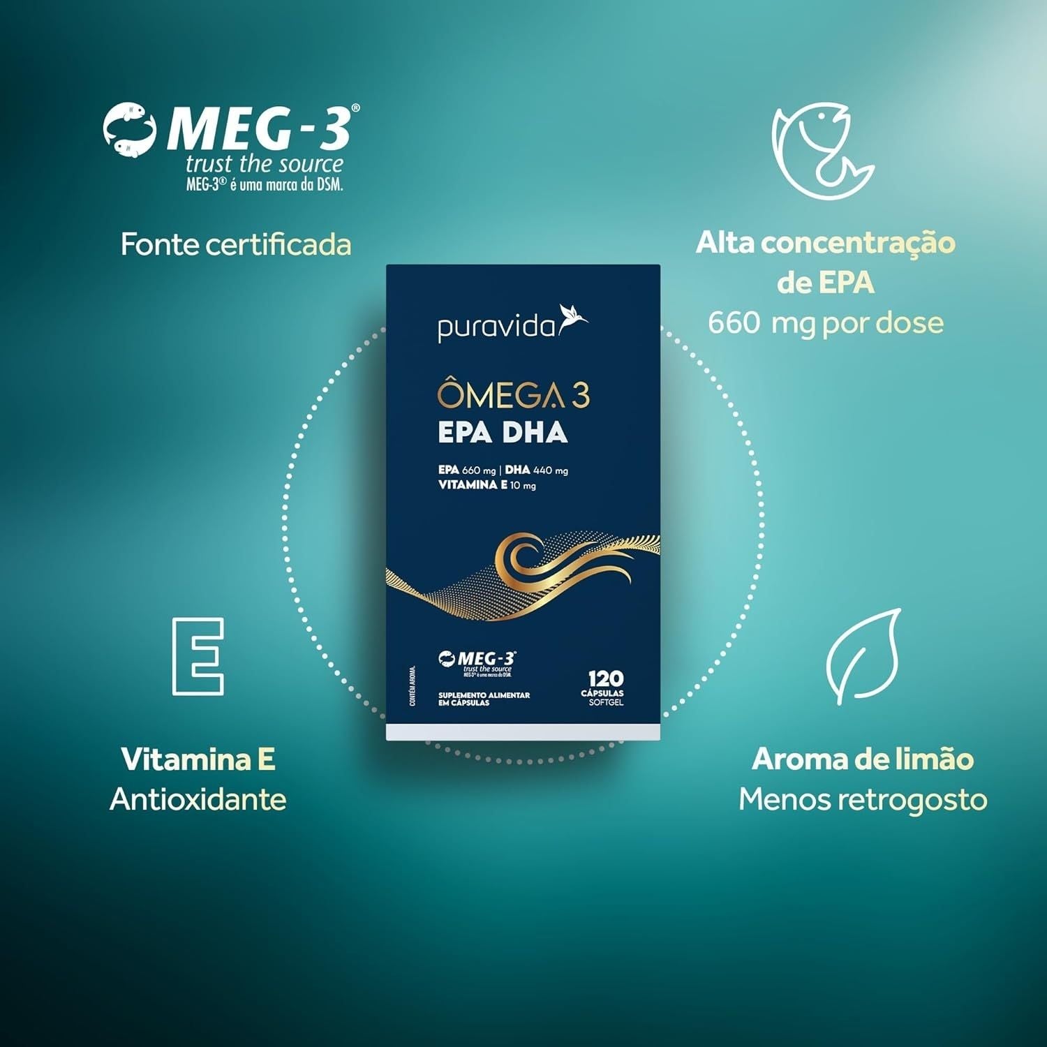 Ômega 3 EPA DHA 120 Cápsulas Pura Vida