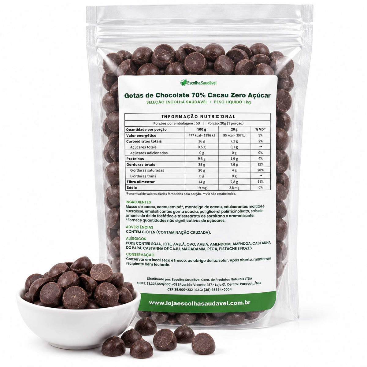 Gotas de Chocolate 70% Cacau Zero Açúcar