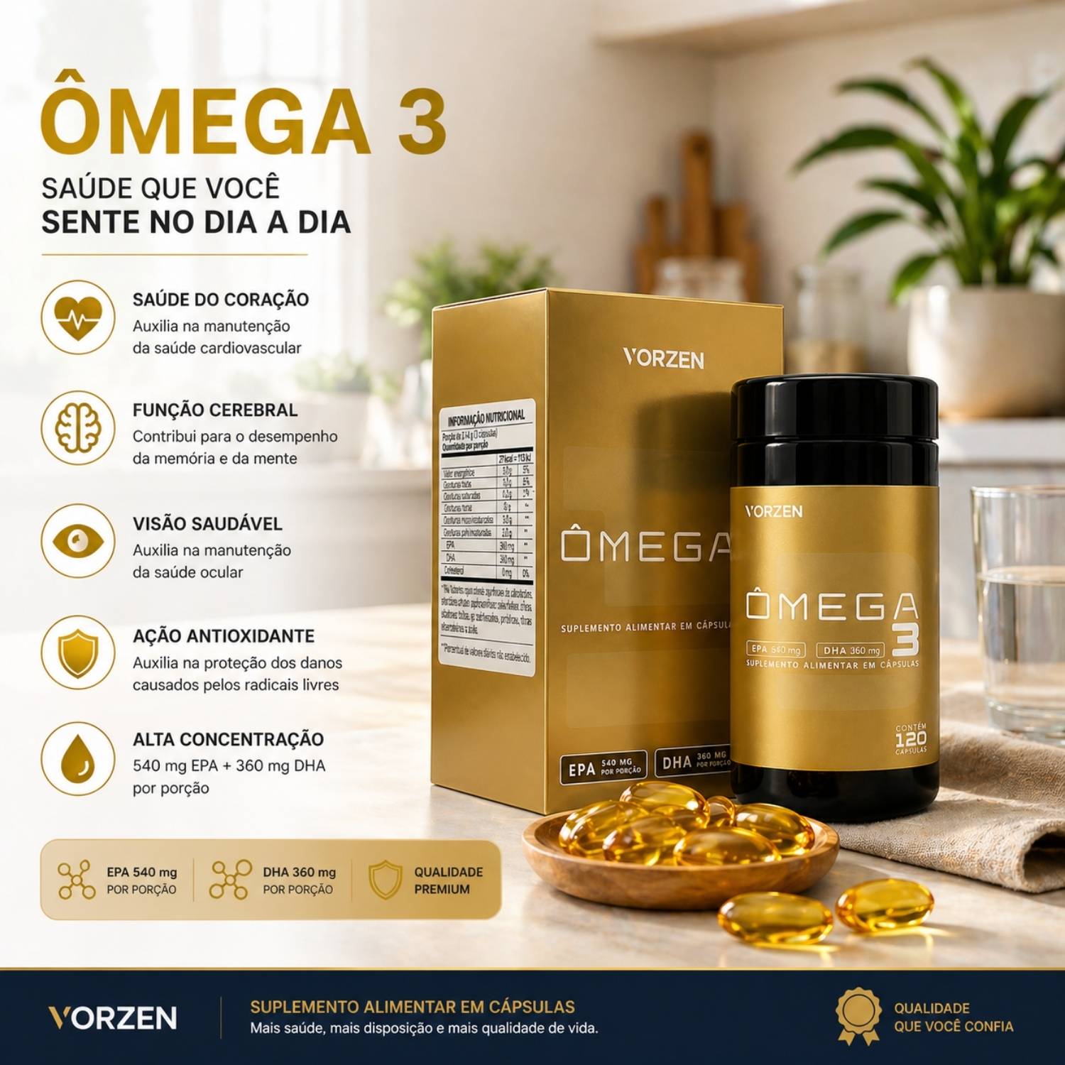 Ômega 3 540 EPA 360 DHA 120 Cápsulas Vorzen