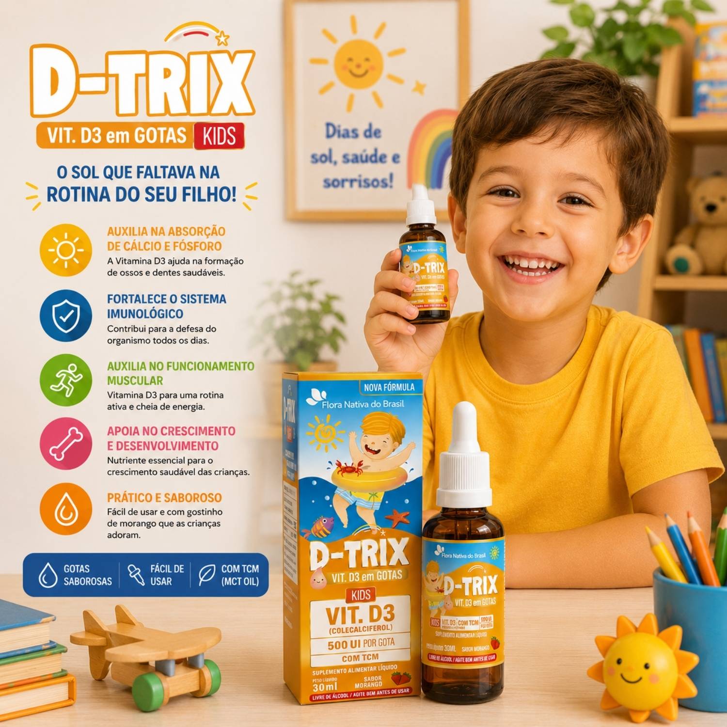 Vitamina D Infantil D-Trix  Sabor Morango 30mL Flora Nativa