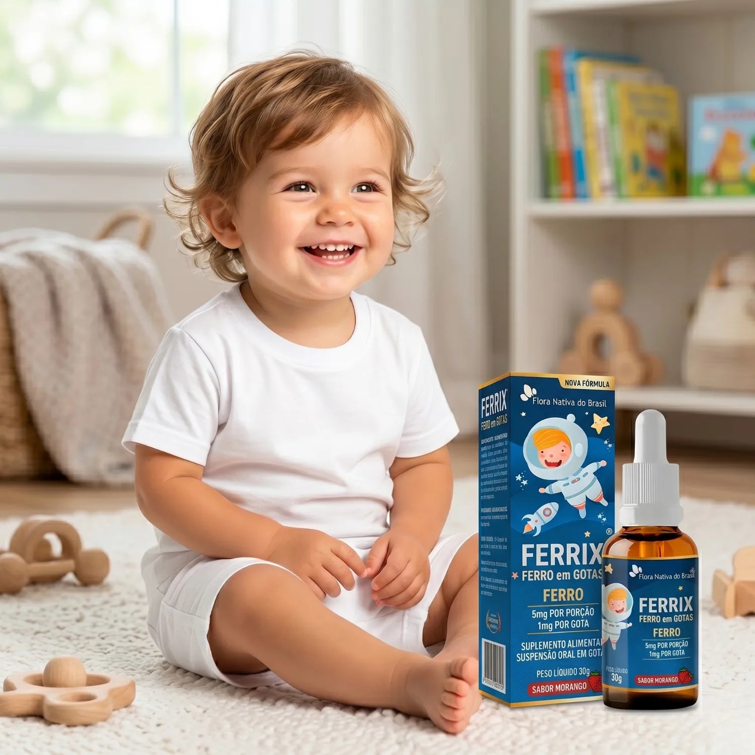 Ferrix Ferro Infantil – Bebê sorrindo em quarto infantil com o produto
