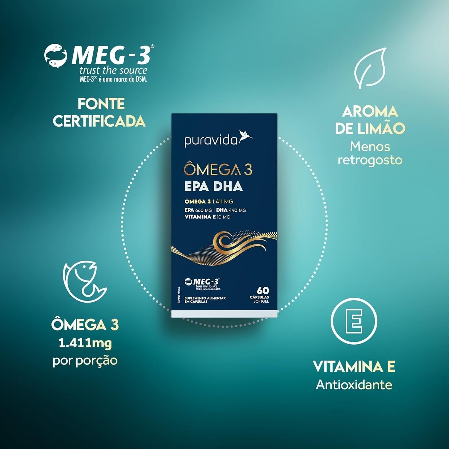 Ômega 3 EPA DHA 60 Cápsulas Pura Vida