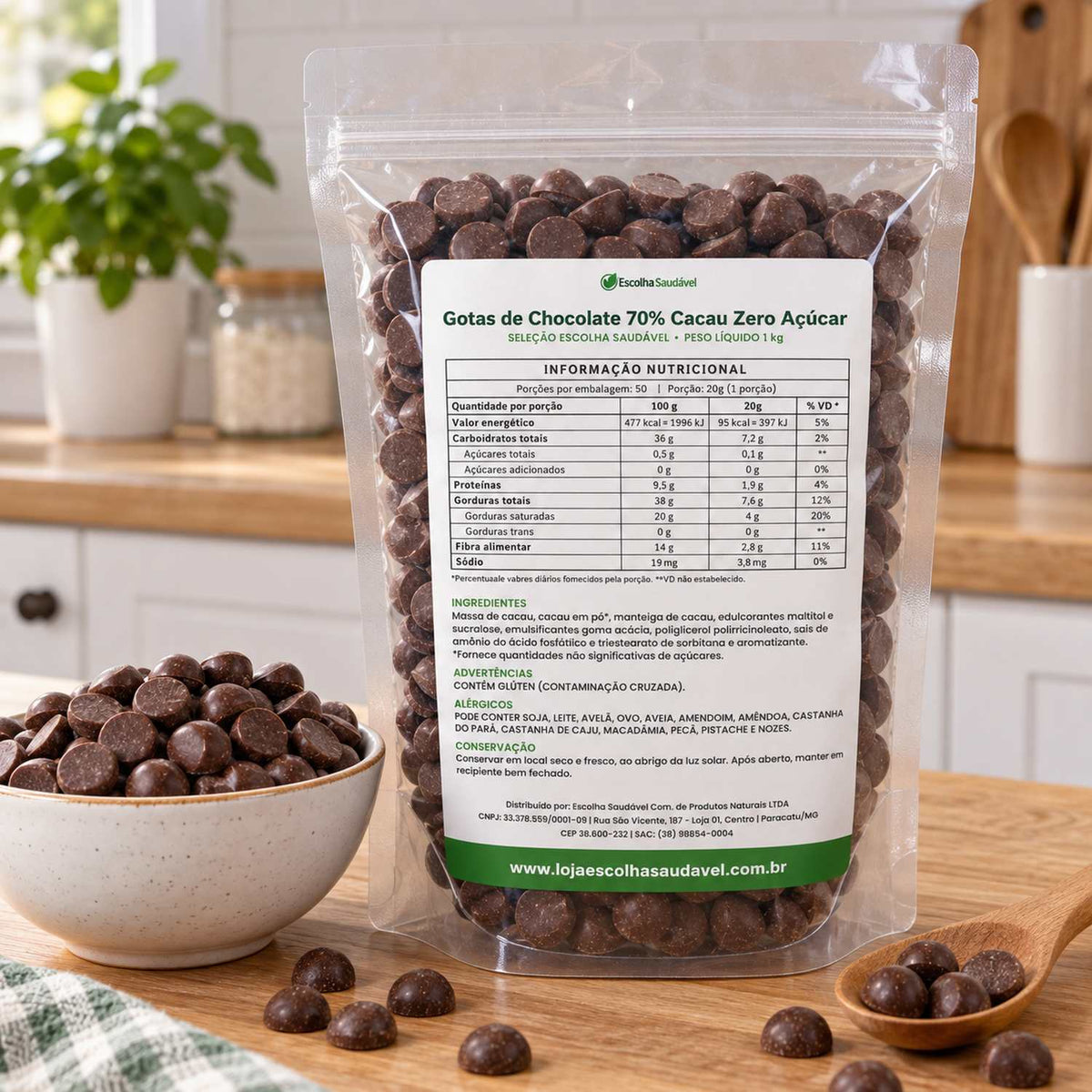 Gotas de Chocolate 70% Cacau Zero Açúcar
